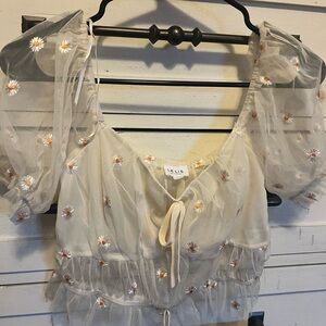 Le Lis Cream Puff Sleeve Blouse with Tie Front